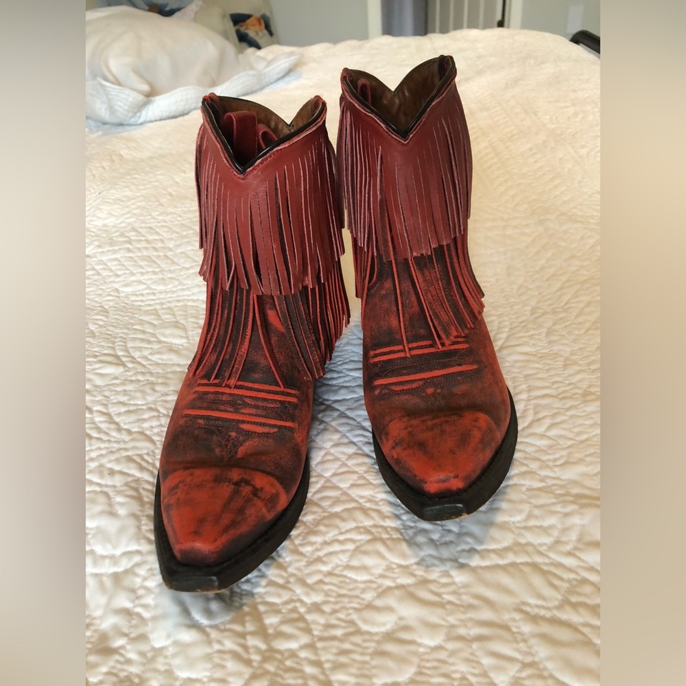Redneck Riviera red fringed boots, size 6.5.